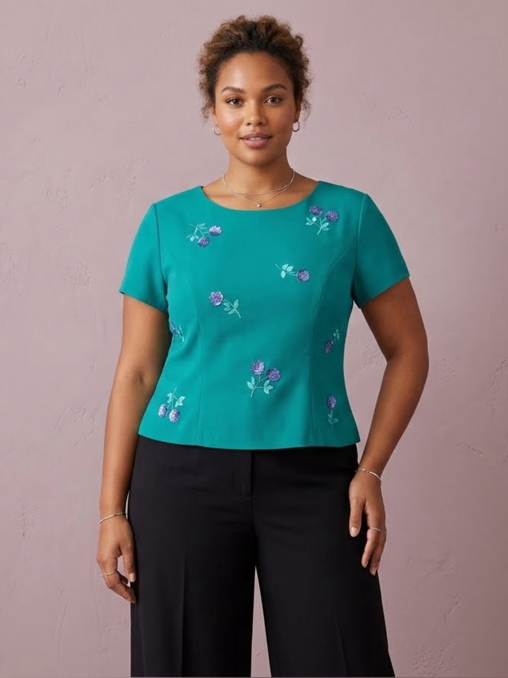 Vintage Jessica Howard Teal Green Crop Blouse Whimsical Floral Embroidered-16